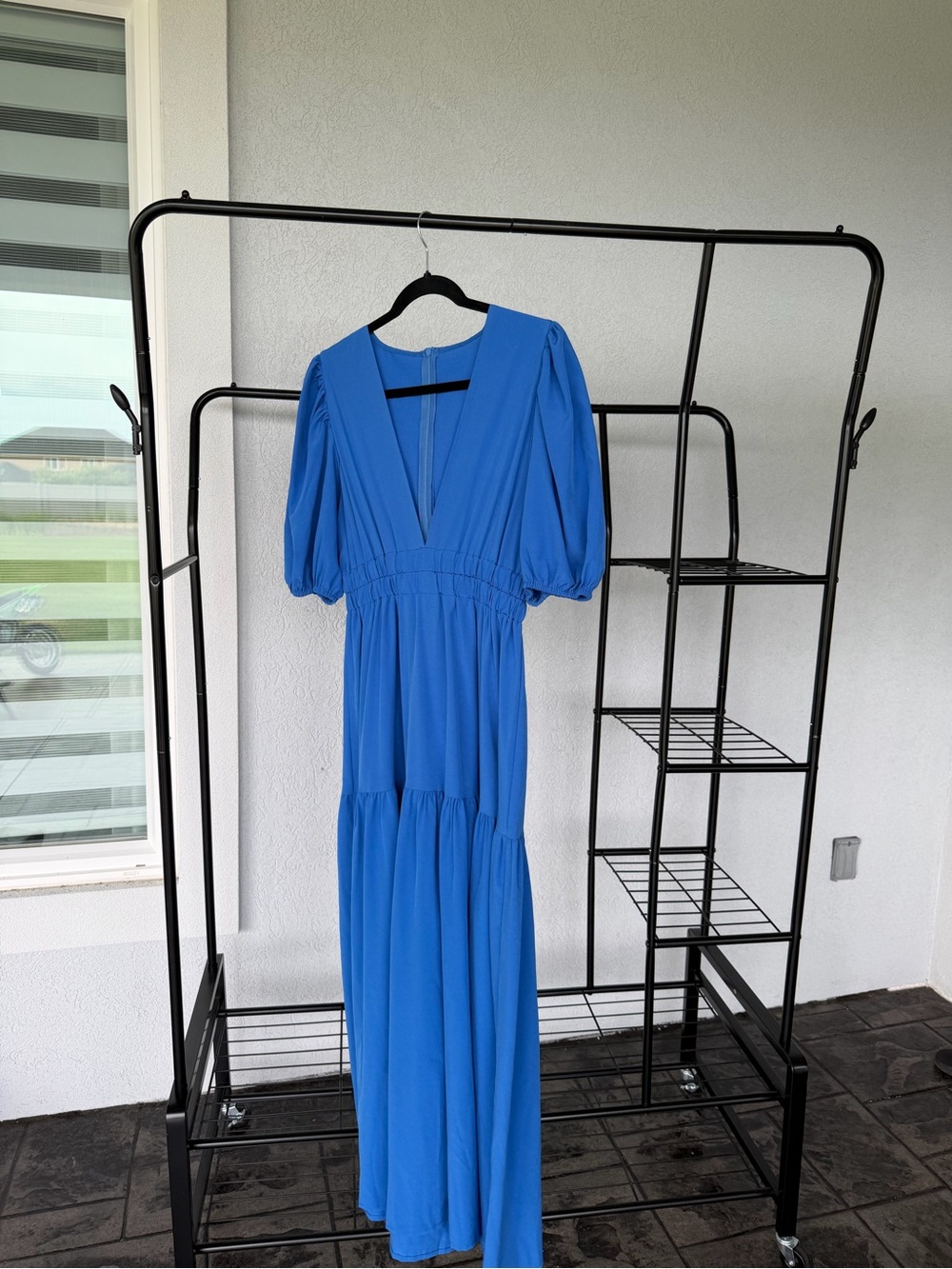 Vivid Blue V-Neck Midi Dress with Puff Sleeves